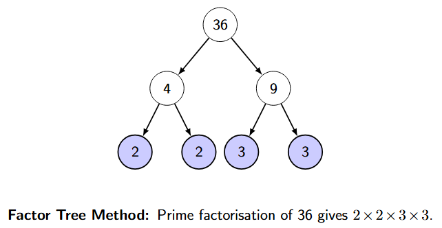 Factor tree for 36 Factor tree for 36 showing branches 36 to 4 and 9, then 4 to 2 and 2, and 9 to 3 and 3